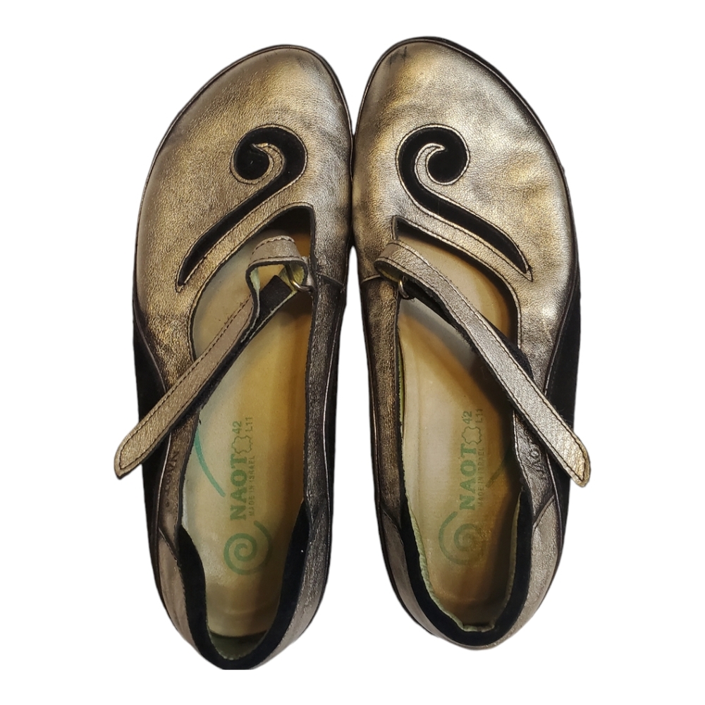 Naot Womens Shoes Matai Metal Leather Gold w/ Black Suede Mary Jane EU42 US 10